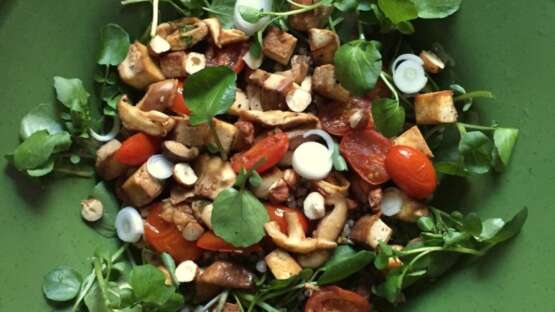 Lauwwarme maaltijdsalade met waterkers, tofu, boekweit & shiitake
