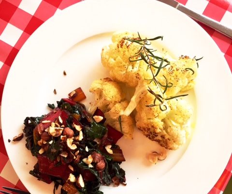 rainbow chard with roasted cauliflower