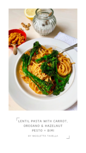 Lentil pasta with carrot, oregano & hazelnut pesto + bimi