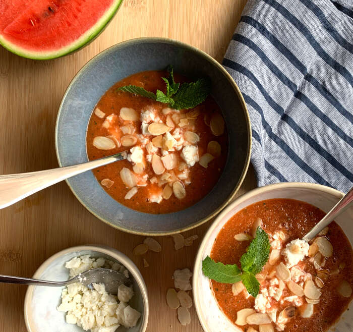 Cold watermelon, cucumber & feta soup