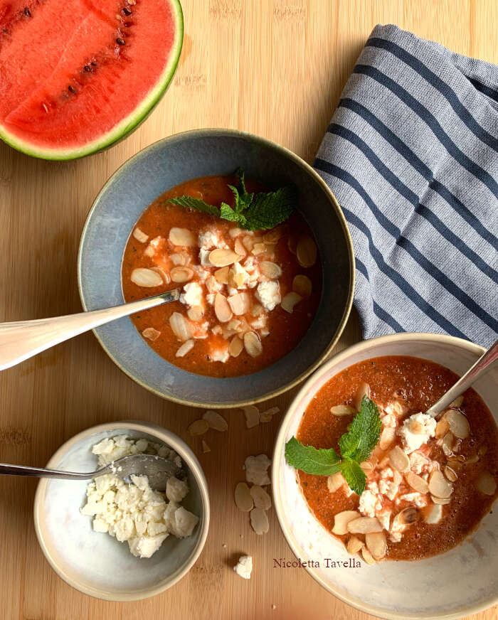 Koude watermeloen, komkommer en feta soep