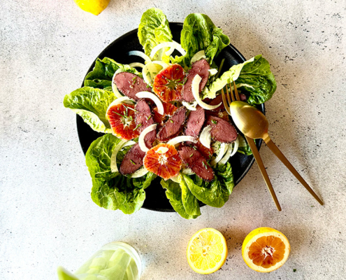 ROMAINE SALAD WITH WILD GOOSE PASTRAMI