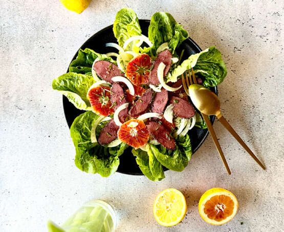 Salad with Romaine, fennel, blood orange & wild goose pastrami