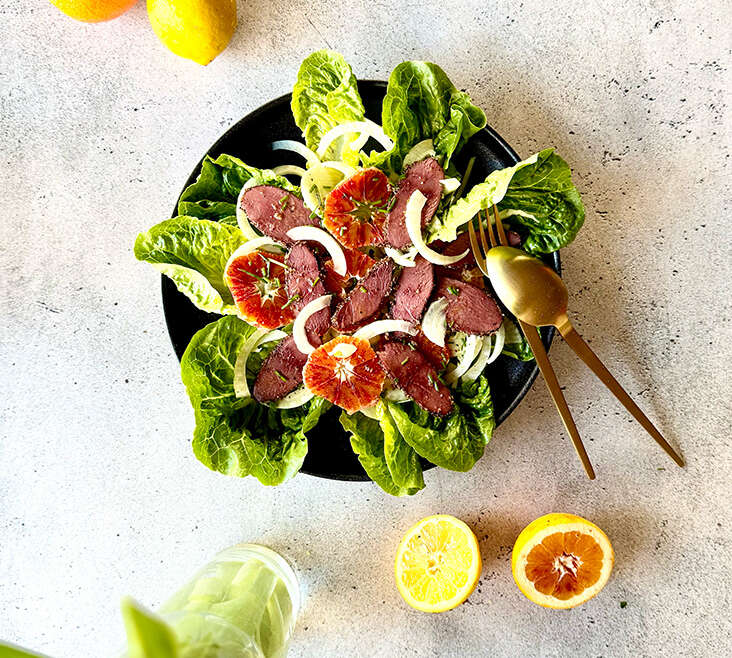 Salad with Romaine, fennel, blood orange & wild goose pastrami